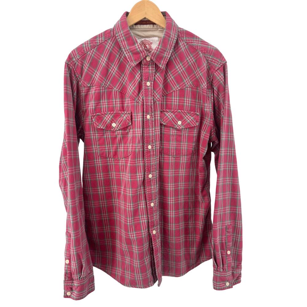 Christian Audigier Red Multi Plaid Button Up Flannel Shirt Mens XL Long Sleeve